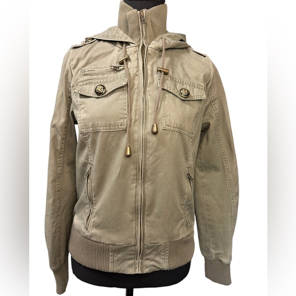 Charlotte Russe Olive Green Hooded Fill Zip Denim Jacket Size S - Picture 1 of 5